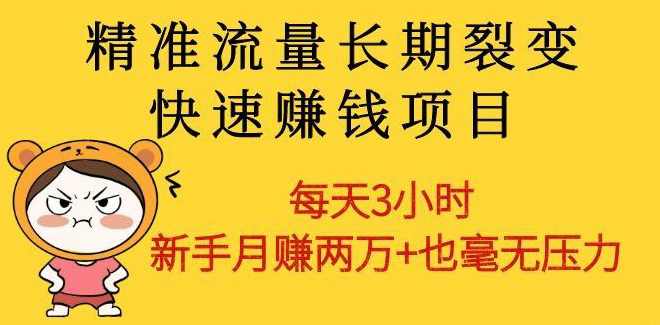 精准流量长期裂变快速赚钱项目：每天3小时 新手月赚两万+也毫无压力