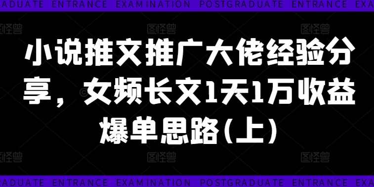 小说推文推广大佬经验分享，女频长文1天1万收益爆单思路(上)