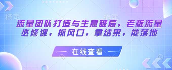 流量团队打造与生意破局，老板流量必修课，抓风口，拿结果，能落地